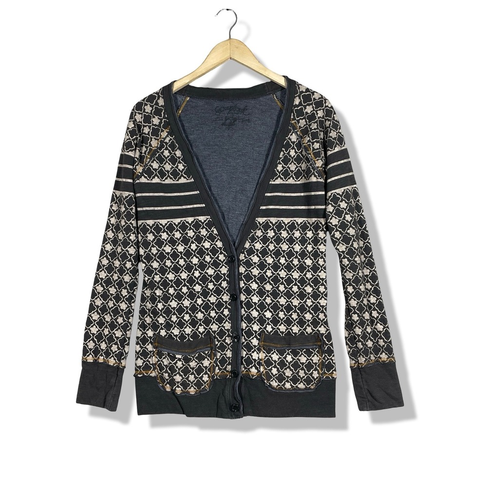 Scrapbook Cardigan Women Medium Gray Geometric Boho Casual V-Neck Button Up